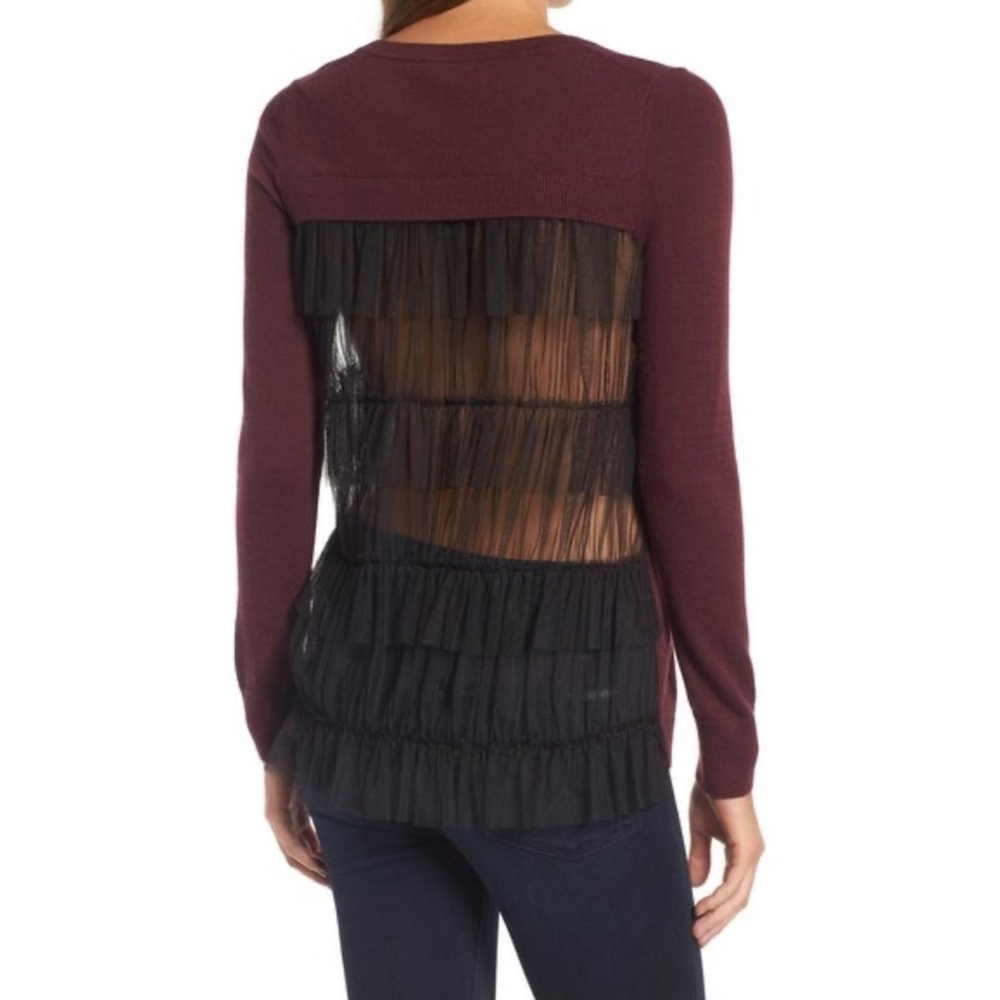 Chelsea28 Burgundy Cashmere Blend Chiffon Ruffle Back Sweater S Nwot